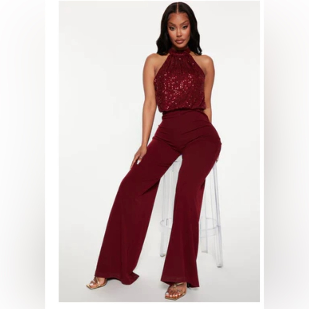 Fashion Nova Burgundy Sequin Halter Jumpsuit